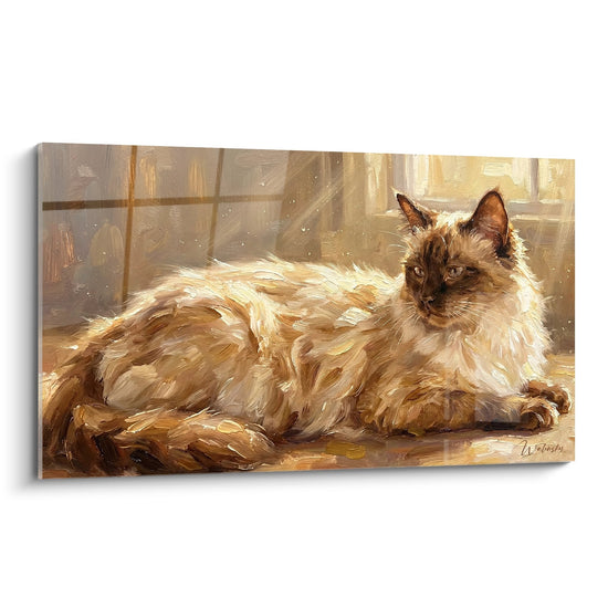 Tableau peinture chat Balinais allongé dans lumière dorée près d'une fenêtre, art félin décoratif mural