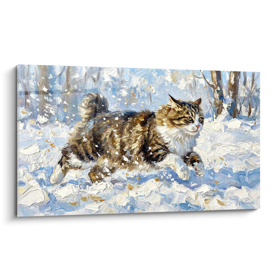 Tableau impressionniste chat Kurilian Bobtail marchant dans neige tombante, paysage hivernal, peinture féline