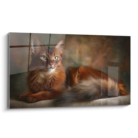 Tableau artistique chat Somali roux aux yeux verts allongé, pelage cuivré mi-long, art félin décoratif mural