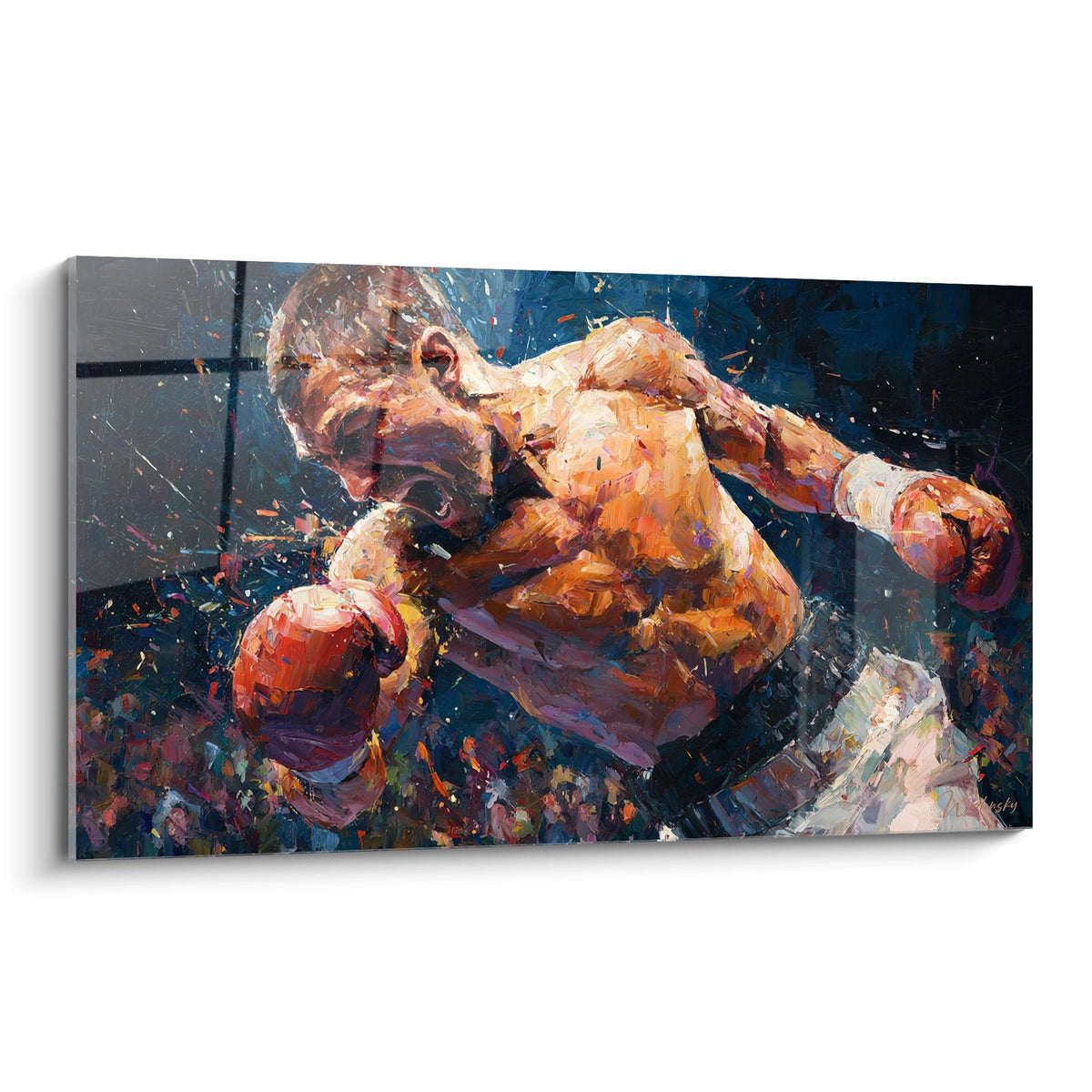 Tableau artistique MMA montrant combat explosif entre fighters avec eclaboussures colorees oranges et bleues