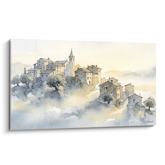 Tableau Village Corse dans la Brume - Aquarelle Montagnarde - Edition Corse