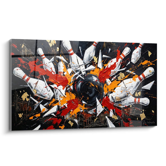 Tableau bowling moderne montrant explosion de quilles blanches et rouges avec boule noire sur fond dynamique