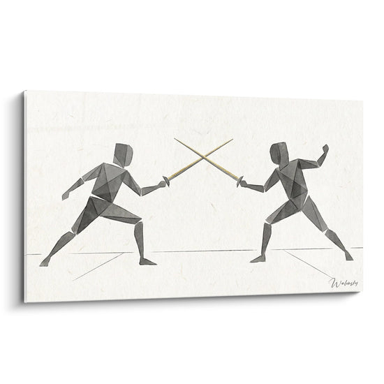Tableau moderne représentant deux escrimeurs géométriques en duel avec épées croisées sur fond blanc minimaliste