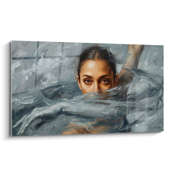 Tableau moderne femme emergeant eau bleue peinture expressionniste portrait artistique decoration murale