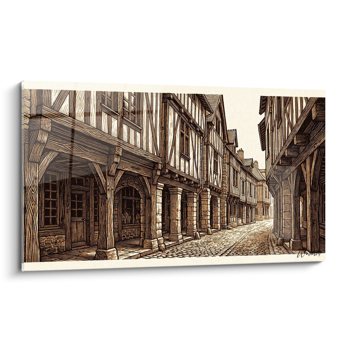 Tableau mural représentant une rue pavée médiévale avec maisons à colombages bretonnes en tons sépia