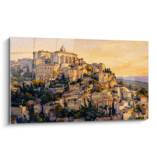 Tableau village perché provençal baigné lumière dorée coucher soleil avec église clocher architecture pierre