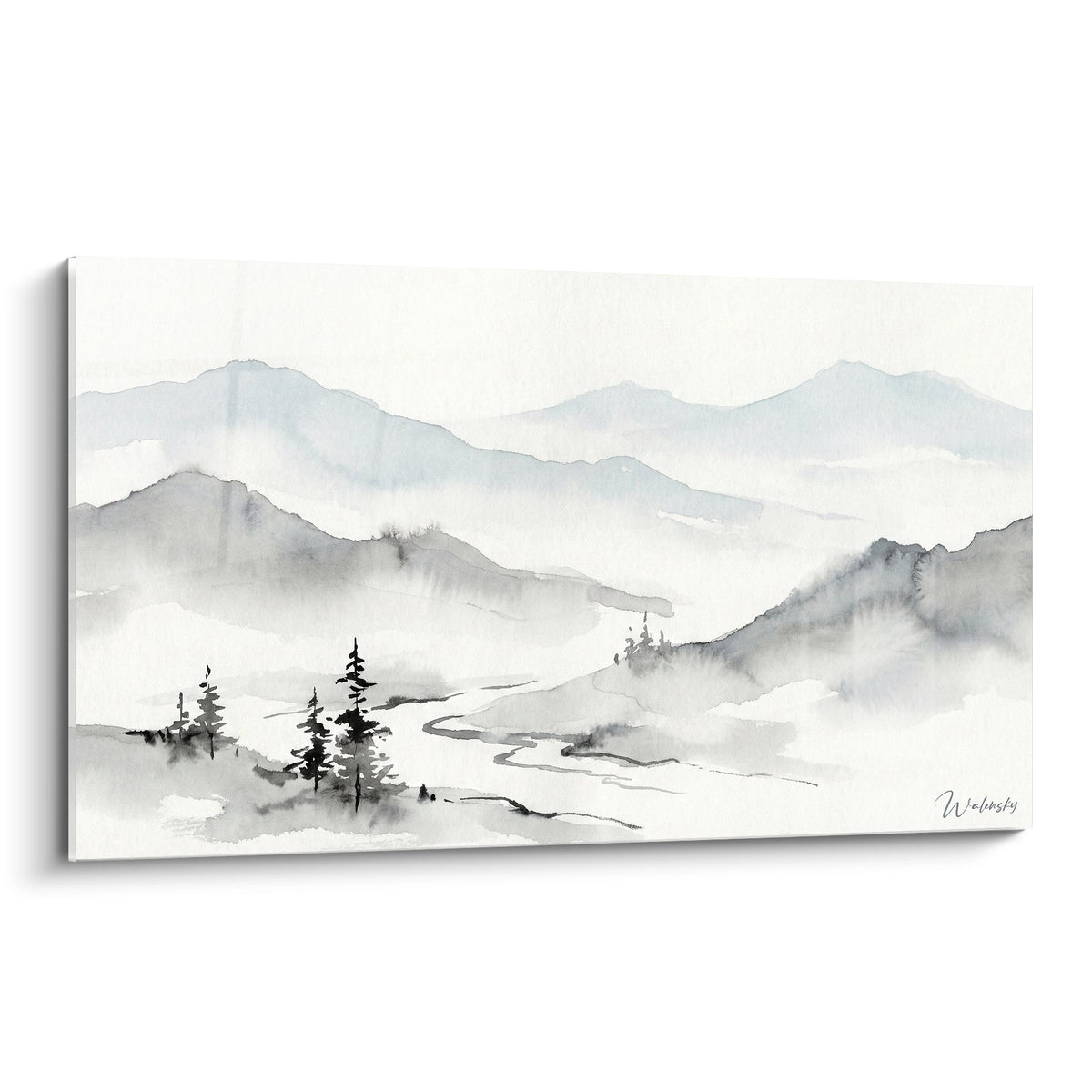Tableau aquarelle paysage montagneux avec brumes et coniferes en tons gris - Edition Les Alpes