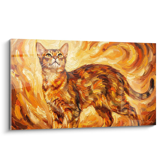Tableau artistique chat Abyssin aux couleurs chaudes avec tourbillons dorés style peinture décorative murale