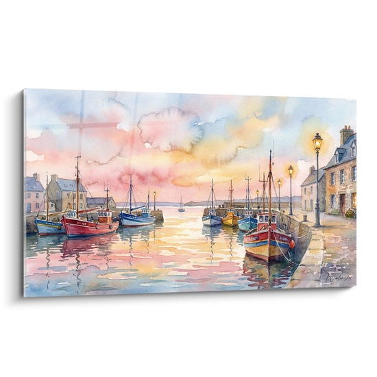 Tableau Port de Pêche Bretagne - Aquarelle au Coucher de Soleil - Edition Bretagne