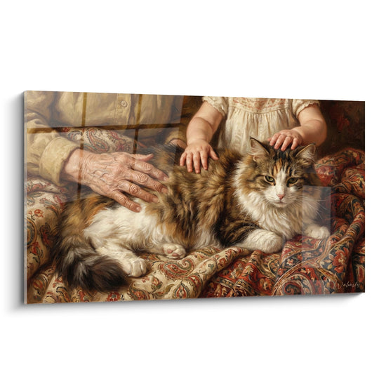 Tableau representant un chat Ragamuffin au pelage brun et blanc caresse par des mains d'adulte et d'enfant