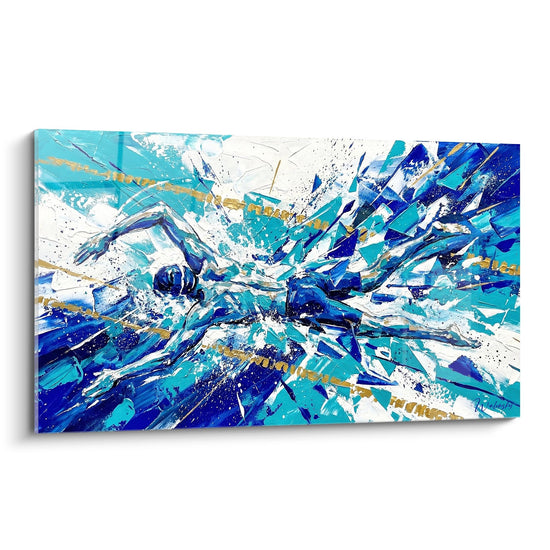 Tableau abstrait natation explosion aquatique bleu turquoise blanc mouvement dynamique art mural moderne