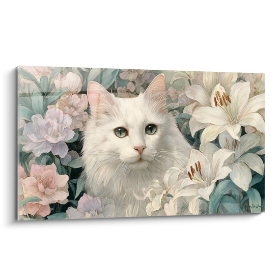Tableau artistique chat Turkish Angora blanc aux yeux verts dans jardin fleuri tons pastel avec lys et pivoines