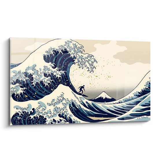 Tableau mural grande vague avec surfeur inspiré d'Hokusai, art surf japonais bleu et blanc avec Mont Fuji