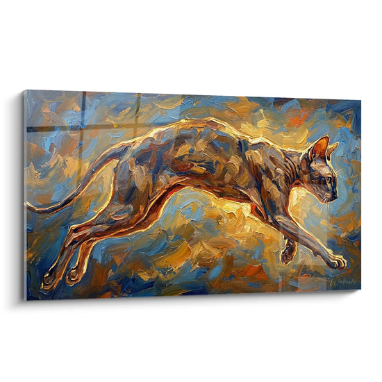 Tableau expressionniste représentant un chat couché aux couleurs chaudes ocre et bleues sur toile