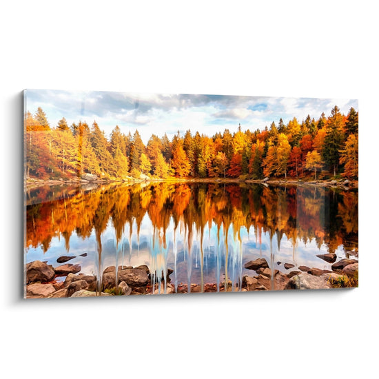 Tableau paysage automnal lac Alsace avec reflets dorés forêt et rochers naturels decoration murale