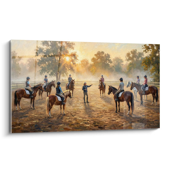 Tableau d'art représentant une leçon d'équitation matinale avec instructeur et cavaliers dans un manège à l'aube