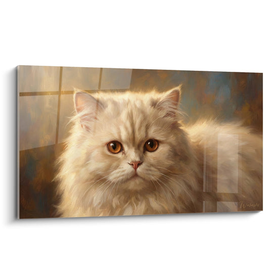 Tableau portrait chat Persan crème aux yeux dorés dans lumière chaude près d'une fenêtre