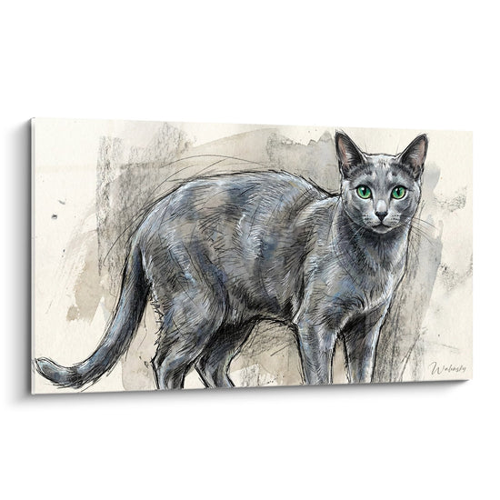 Tableau artistique d'un chat Russian Blue gris aux yeux verts en style esquisse sur toile