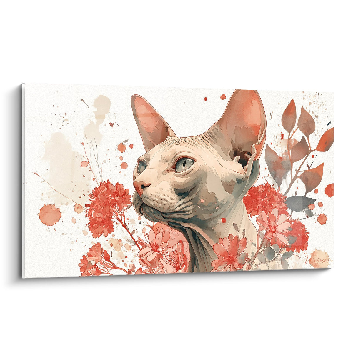 Tableau aquarelle chat Sphynx beige entouré fleurs corail rouge style artistique moderne décoration murale
