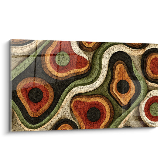Tableau art africain abstrait aux motifs organiques fluides ocre rouge vert sur fond crème texture craquelée