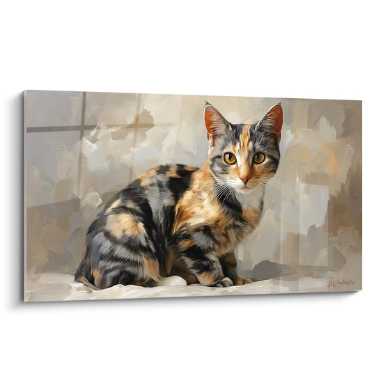 Tableau chat American Shorthair ecaille de tortue assis pose elegante regard ambre fond neutre art mural