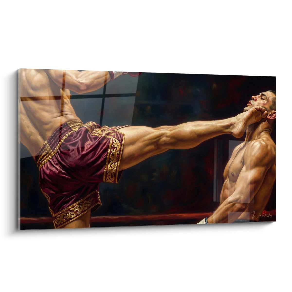 Tableau MMA coup de pied spectaculaire combat arts martiaux mixtes fighter short pourpre action intense