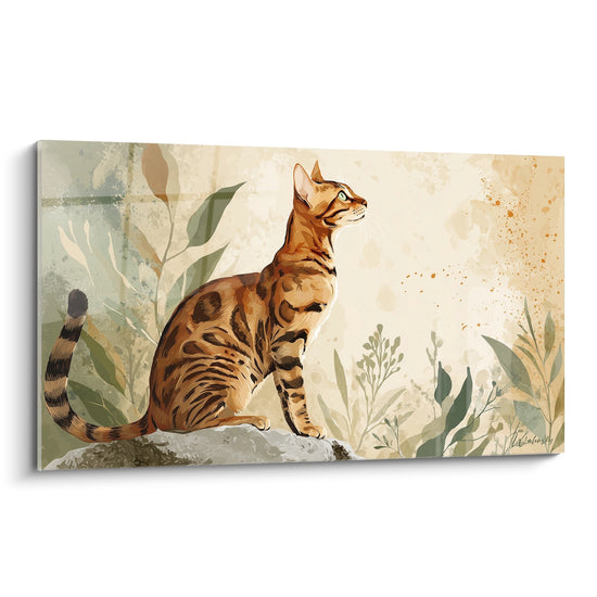 Tableau art mural chat Bengal contemplatif assis dans decor botanique tons dores et verts style moderne