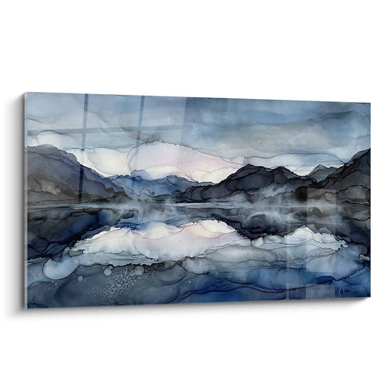 Tableau abstrait paysage montagneux tons bleus avec reflets alpins style contemporain decoration murale