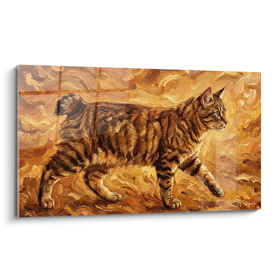 Tableau artistique chat American Bobtail tigré aux tons dorés, peinture murale féline décorative style impressionniste
