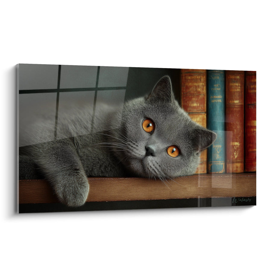 Tableau chat British Shorthair gris sur étagère - Regard ambré studieux - Edition chat British shorthair