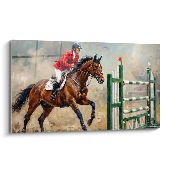 Tableau peinture saut d'obstacles équestre cavalier veste rouge cheval bai franchissant barrière verte competition