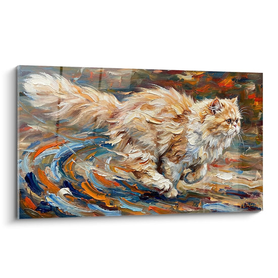 Tableau expressionniste d'un chat persan aux longs poils dans des tourbillons de couleurs vives orange et bleu