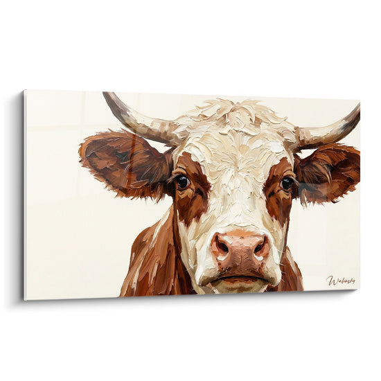 Tableau portrait vache des Alpes savoyarde aux cornes courbees, style artistique realiste sur fond beige