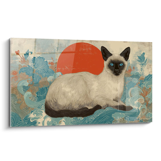 Tableau Chat Siamois sur Vagues Japonaises - Art Oriental Félin - Edition chat Siamois