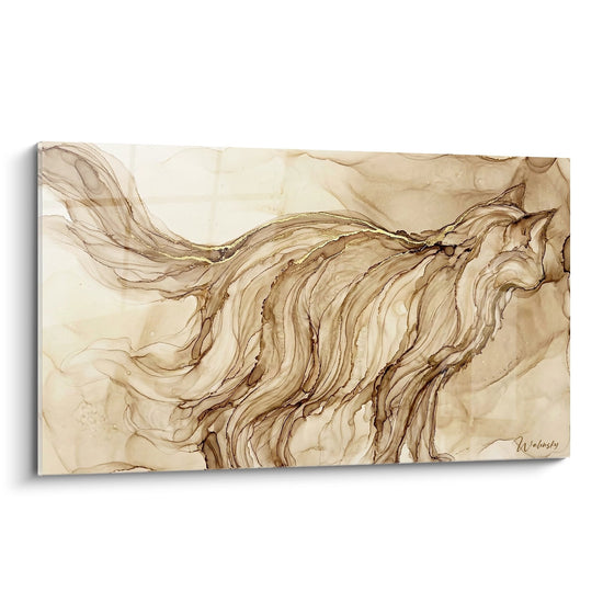 Tableau abstrait aux ondulations fluides beiges et dorees sur toile moderne