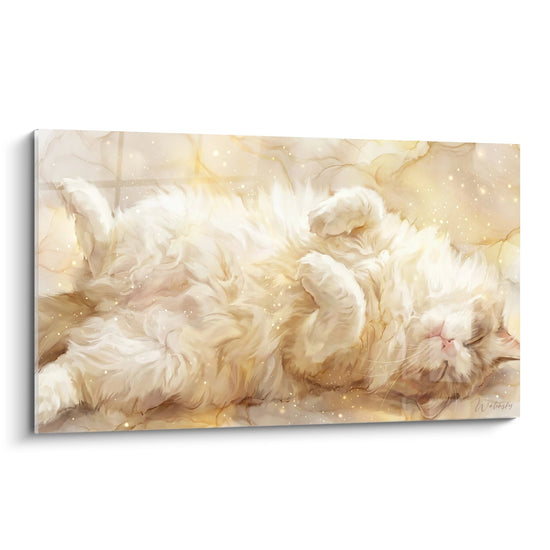Tableau artistique chat Ragdoll endormi aux tons dores et creme, pelage soyeux, expression paisible, art mural felin