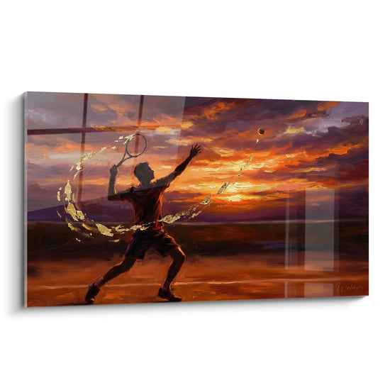 Tableau tennis joueur service coucher soleil tons oranges decoration murale art sportif