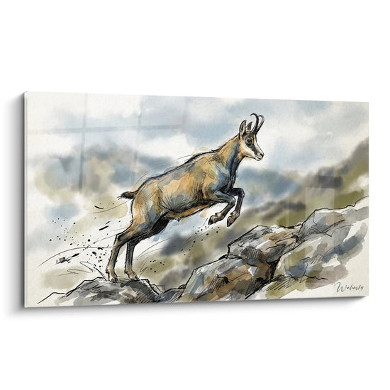 Tableau aquarelle représentant un chamois bondissant sur des rochers dans les Alpes