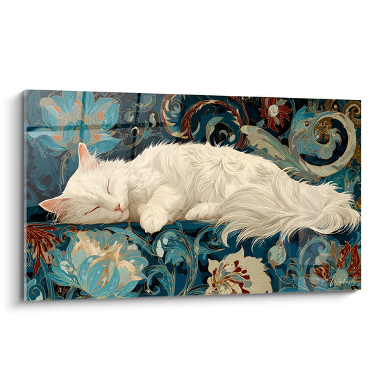 Tableau mural chat Turkish Angora blanc endormi sur motifs floraux ornementaux bleus et dorés