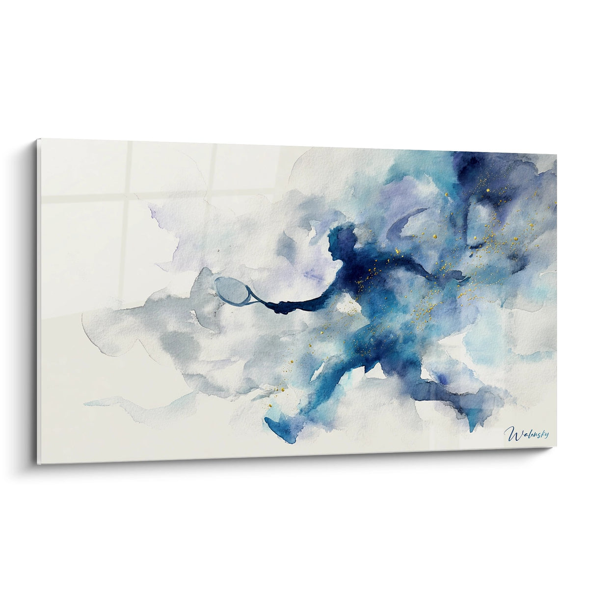Tableau abstrait aquarelle aux tons bleus et dorés avec mouvement fluide organique sur fond blanc