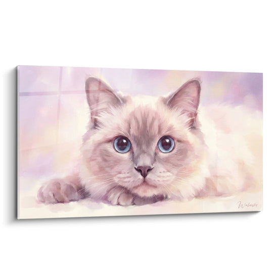 Tableau artistique d'un chat Himalayan aux yeux bleus allongé dans des tons pastel roses et violets
