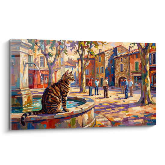 Tableau chat European Shorthair tigré assis sur fontaine place provençale colorée style impressionniste