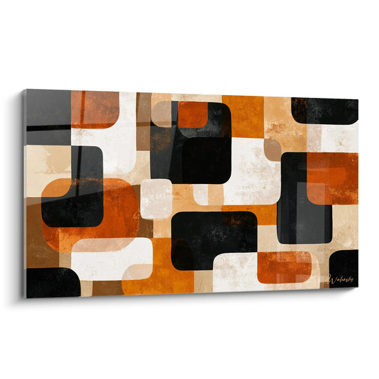 Tableau abstrait aux formes geometriques ocre noir et beige inspiration africaine contemporaine