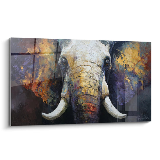 Tableau elephant africain style expressionniste couleurs chaudes defenses blanches peinture texturee