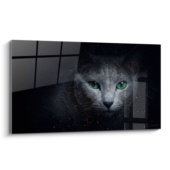 Tableau artistique chat Russian Blue aux yeux verts dans univers cosmique étoilé avec particules dorées