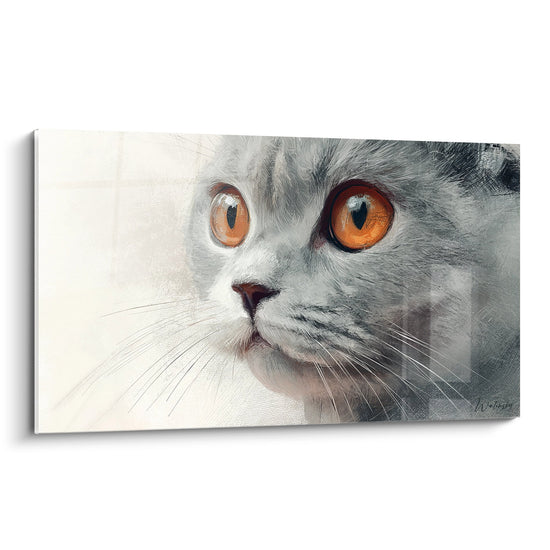 Portrait artistique chat Scottish Fold gris yeux orange regard intense tableau mural decoration