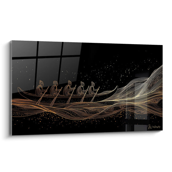 Tableau moderne d'équipe d'aviron stylisée aux tons dorés naviguant sous un ciel étoilé noir