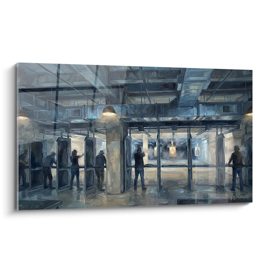 Tableau peinture stand de tir interieur avec tireurs en action dans environnement moderne aux tons bleus