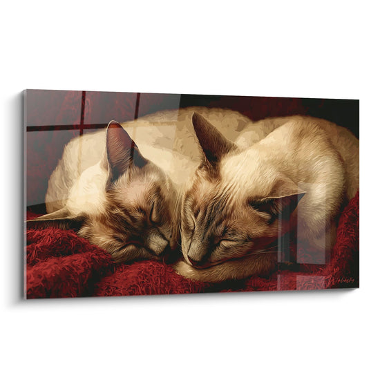 Tableau artistique de deux chats Tonkinois enlacés sur plaid rouge, art félin tendresse et complicité
