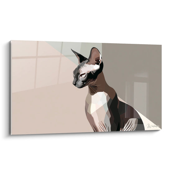Tableau moderne chat Sphynx style géométrique tons beiges et roses, portrait artistique contemporain déco